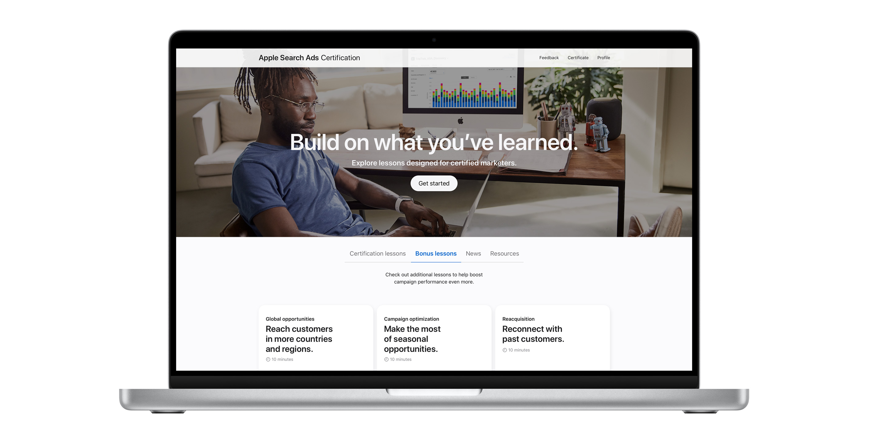 The Apple Search Ads Certification page showing the bonus lessons tab. It shows three lessons to help boost campaign performance.